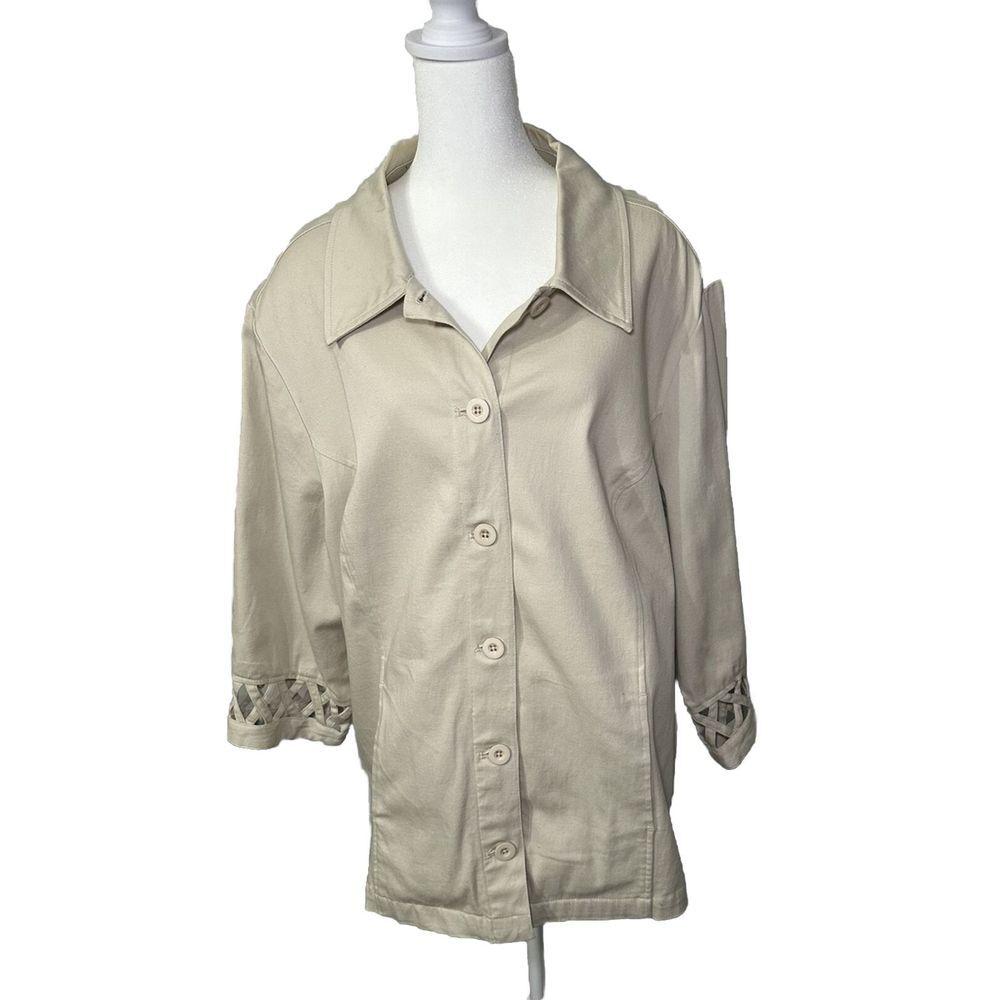 D&CO DENIM & COMPANY 1X Beige Denim Stretch Jacket 3/4 Sleeves W/ Cutout Design